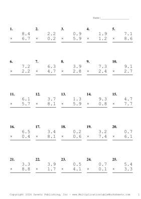 One Decimal Problem Set AS Multiplication Worksheet