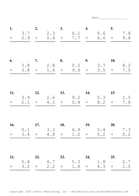 One Decimal Problem Set AT Multiplication Worksheet