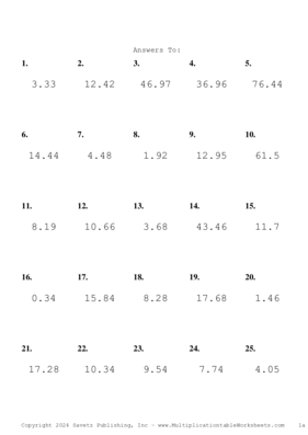 One Decimal Problem Set AT Answers