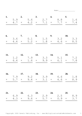 One Decimal Problem Set AU Multiplication Worksheet