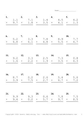 One Decimal Problem Set AV Multiplication Worksheet