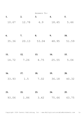 One Decimal Problem Set AV Answers