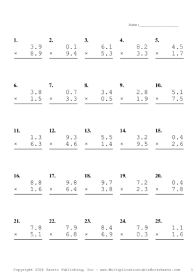 One Decimal Problem Set AW Multiplication Worksheet