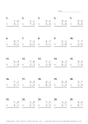 One Decimal Problem Set AX Multiplication Worksheet