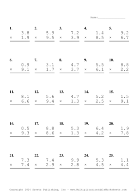 One Decimal Problem Set AZ Multiplication Worksheet