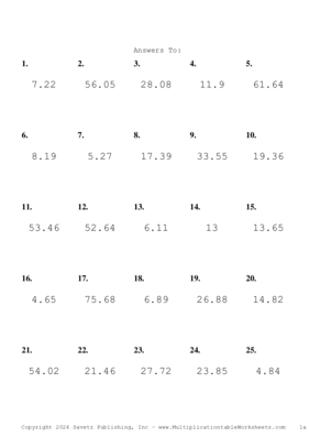 One Decimal Problem Set AZ Answers