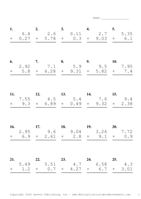 Two Decimal by One Decimal Problem Set AL Multiplication Worksheet