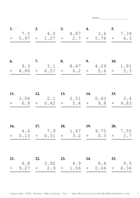 Two Decimal by One Decimal Problem Set AM Multiplication Worksheet