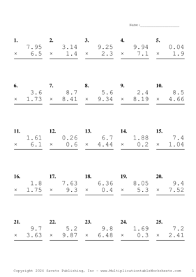 Two Decimal by One Decimal Problem Set AN Multiplication Worksheet