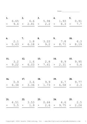 Two Decimal by One Decimal Problem Set AO Multiplication Worksheet