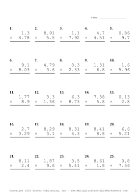 Two Decimal by One Decimal Problem Set AQ Multiplication Worksheet