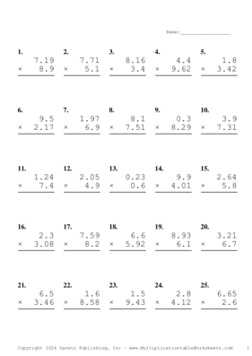 Two Decimal by One Decimal Problem Set AR Multiplication Worksheet