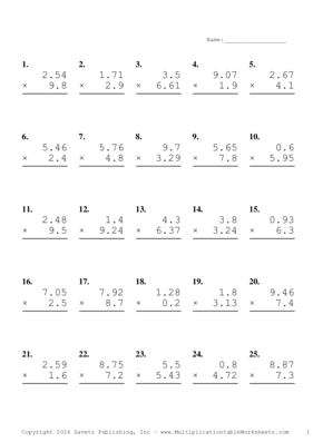 Two Decimal by One Decimal Problem Set AS Multiplication Worksheet