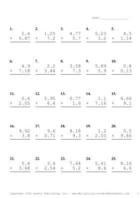 Two Decimal by One Decimal Problem Set AT Multiplication Worksheet