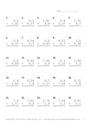 Two Decimal by One Decimal Problem Set AU Multiplication Worksheet