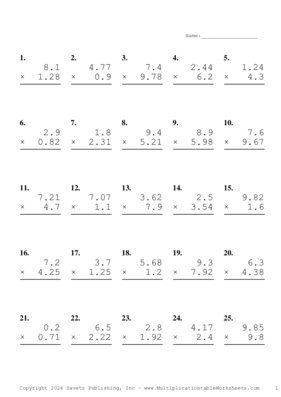 Two Decimal by One Decimal Problem Set AV Multiplication Worksheet