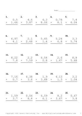 Two Decimal by One Decimal Problem Set AW Multiplication Worksheet