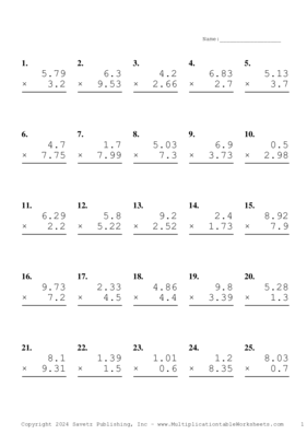 Two Decimal by One Decimal Problem Set AX Multiplication Worksheet