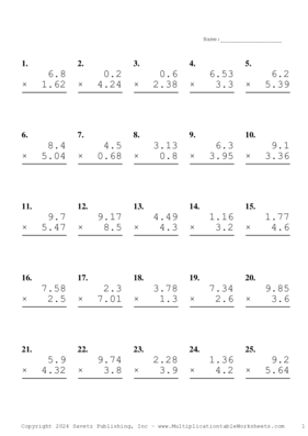 Two Decimal by One Decimal Problem Set AY Multiplication Worksheet