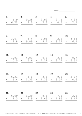 Two Decimal by One Decimal Problem Set AZ Multiplication Worksheet