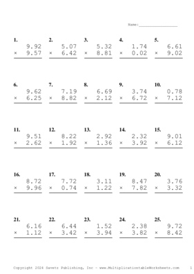 Two Decimal Problem Set AY Multiplication Worksheet