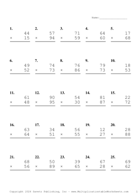 Double Digits Problem Set AV Multiplication Worksheet