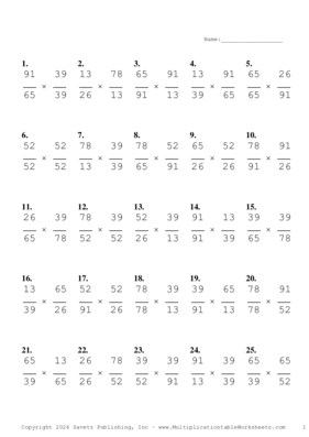 Simplify by 13 Problem Set D Multiplication Worksheet