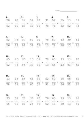 Simplify by 13 Problem Set E Multiplication Worksheet