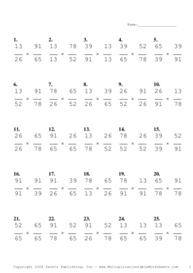 Simplify by 13 Problem Set G Multiplication Worksheet