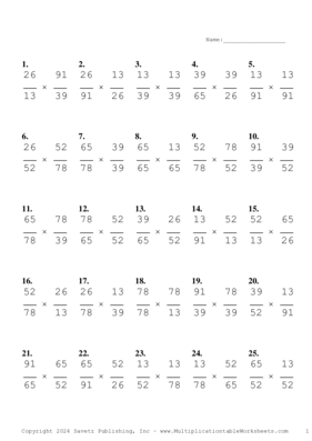 Simplify by 13 Problem Set I Multiplication Worksheet