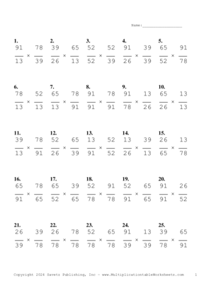 Simplify by 13 Problem Set J Multiplication Worksheet