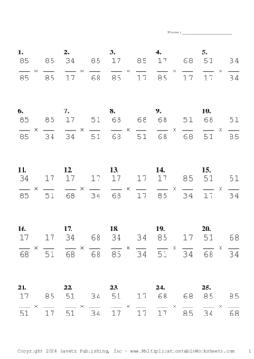 Simplify by 17 Problem Set C Multiplication Worksheet