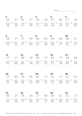 Simplify by 17 Problem Set D Multiplication Worksheet