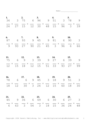 Simplify by 3 Problem Set AH Multiplication Worksheet