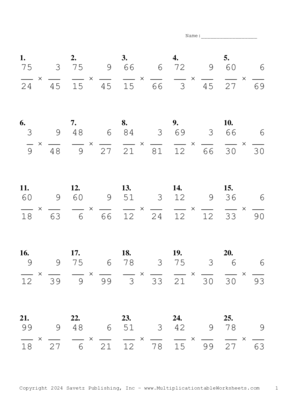 Simplify by 3 Problem Set AK Multiplication Worksheet