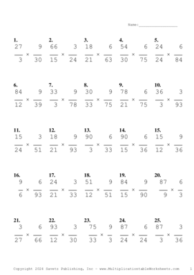 Simplify by 3 Problem Set AN Multiplication Worksheet