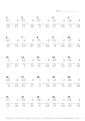 Simplify by 3 Problem Set AO Multiplication Worksheet