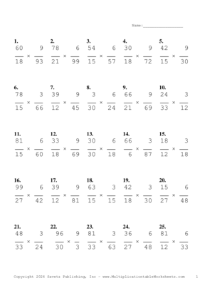 Simplify by 3 Problem Set AS Multiplication Worksheet