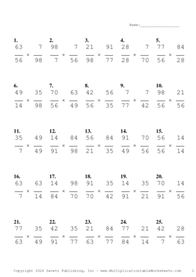 Simplify by 7 Problem Set AF Multiplication Worksheet