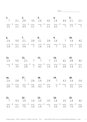 Simplify by 7 Problem Set AG Multiplication Worksheet