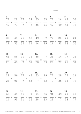 Simplify by 7 Problem Set AH Multiplication Worksheet