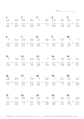 Simplify by 7 Problem Set AJ Multiplication Worksheet