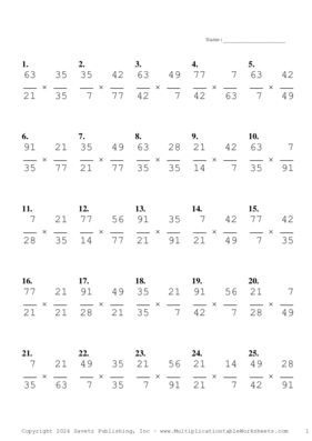 Simplify by 7 Problem Set AK Multiplication Worksheet