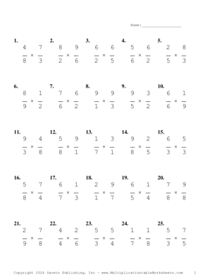 Single Digit Fraction Problem Set AW Multiplication Worksheet