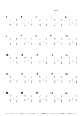 Single Digit Fraction Problem Set AX Multiplication Worksheet