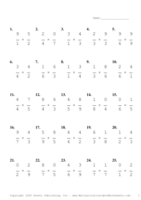 Single Digit Fraction Problem Set AZ Multiplication Worksheet