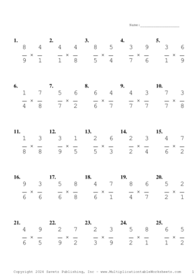 Single Digit Fraction Problem Set BC Multiplication Worksheet