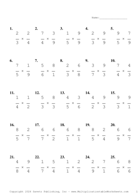 Single Digit Fraction Problem Set BE Multiplication Worksheet