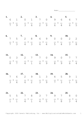 Single Digit Fraction Problem Set BH Multiplication Worksheet