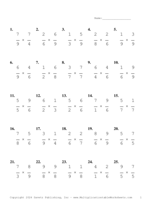 Single Digit Fraction Problem Set BJ Multiplication Worksheet